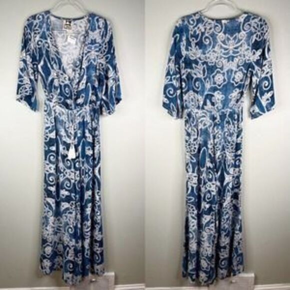 Jaase Printed Surplice Neck Drawstring Tassel 3/4 Sleeve‎ Wide Leg Jumpsuit XS - Picture 1 of 8